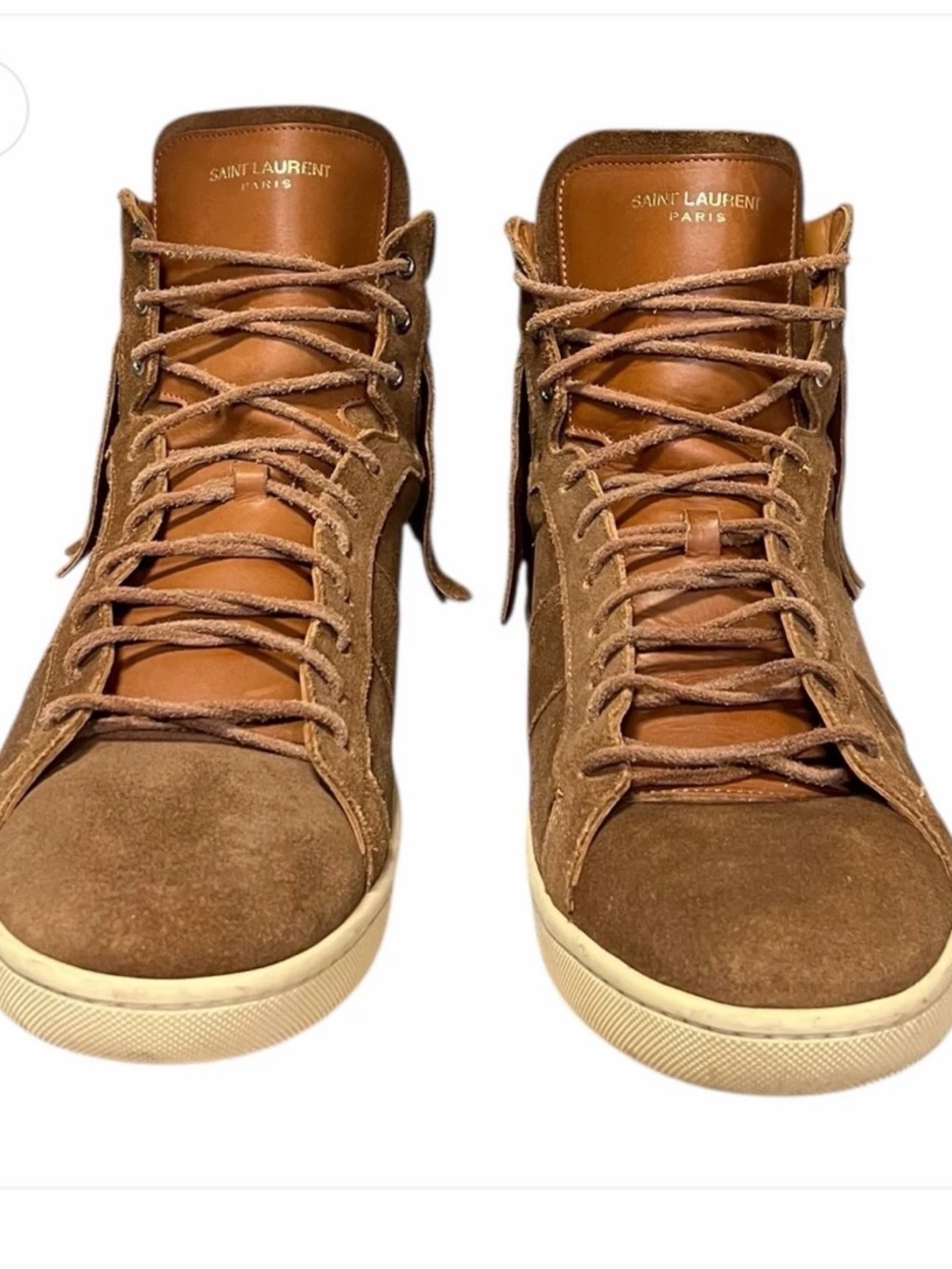 Saint Laurent Brown Suede High-Top Sneakers with Tan Leather Tongue